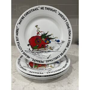 Set of 4 “MAYBE CHRISTMAS” GRINCH SLEIGH & MAX 10.5” Dinner Plates Ceramic NEW